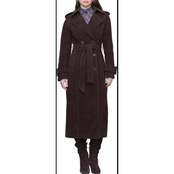 New Avec Les Filles Double Breasted Faux Suede Trench Coat In Chocolate S $259